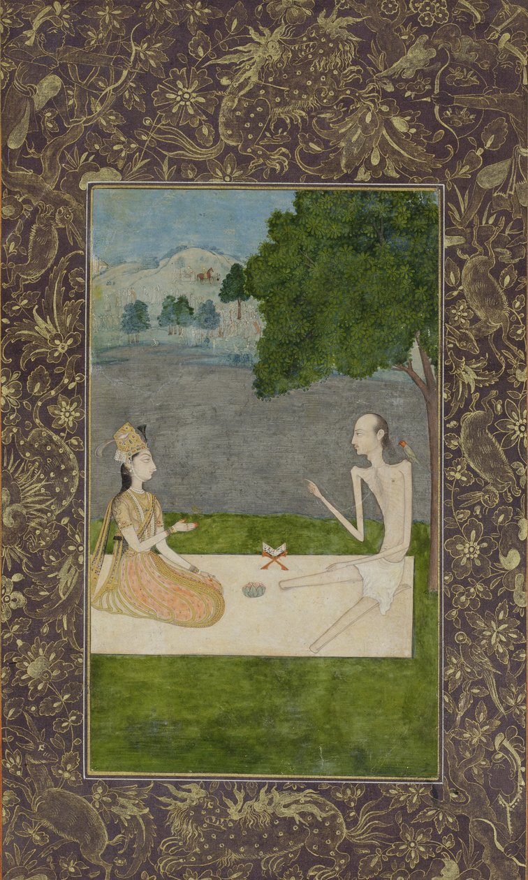 Laila ja Majnun keskustelevat puun alla, n. 1730 (läpinäkymätön wc ja kultaa paperilla) tekijältä Nihal Chand