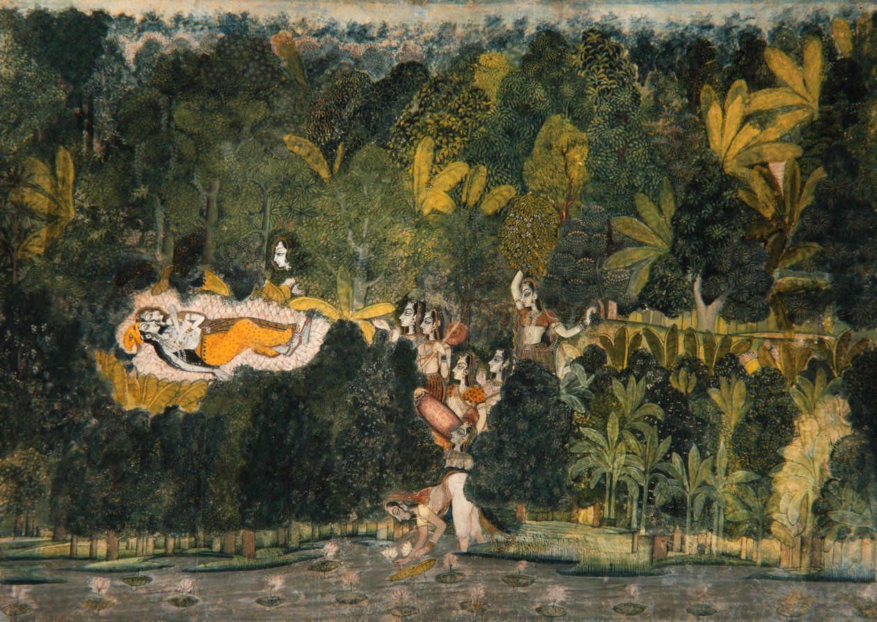 The Bower of Quiet Passion, n. 1750 (läpinäkymätön wc ja kultaa paperilla) tekijältä Nihal Chand