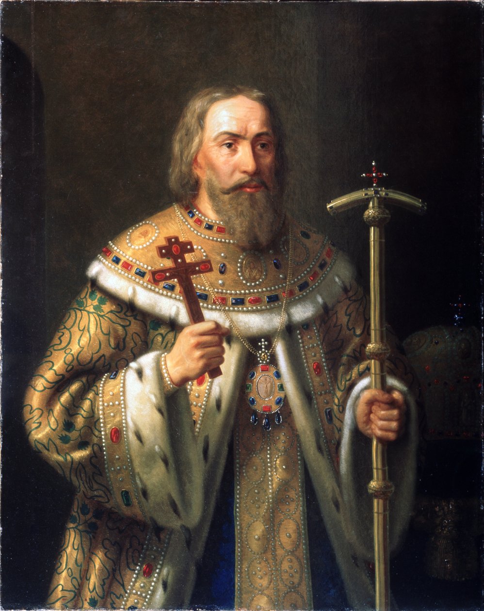 Moskovan patriarkka Filaretin muotokuva Fjodor Nikitich Romanovista 1553-1633, 1800-luvun puoliväli. tekijältä Nikanor Leontievich Tiutriumov