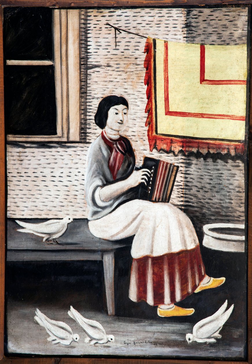 Sona Gorashvili soittaa harmonikkaa par Pirosmani, Niko (1862-1918). Öljy pahville, koko: 109x71 tekijältä Niko Pirosmanashvili