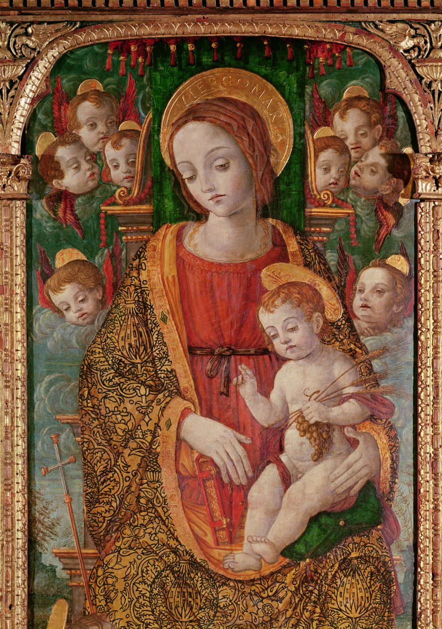Neitsyt ja lapsi SS:n kanssa. Gregory ja Martin, yksityiskohta Neitsyt, 1517 tempera paneelissa tekijältä Nikola Bozidarovic