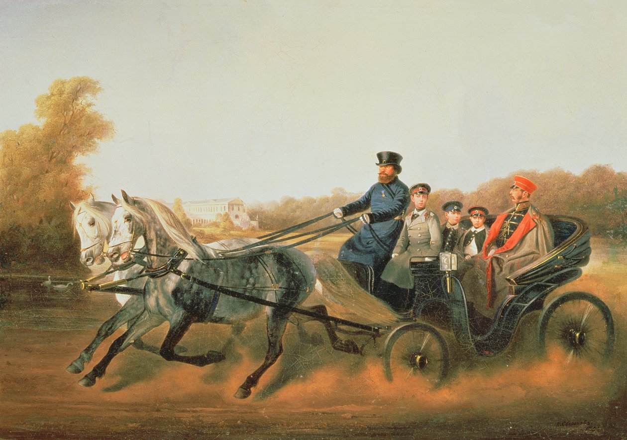 Tsaari Aleksanteri II (1818-81) ajamassa poikiensa kanssa Zarskoje Selossa, 1850-luku tekijältä Nikolai Egorevich Sverchkov