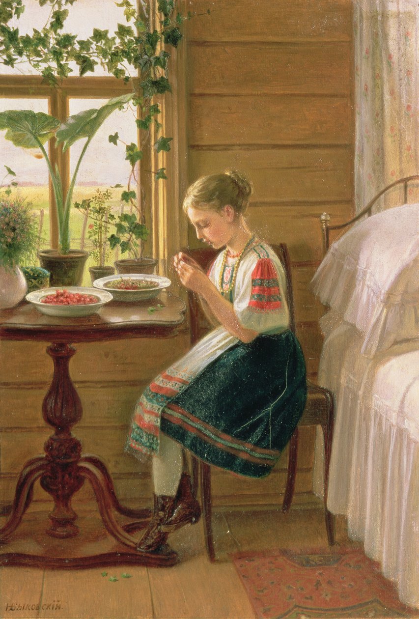 Marjoja kuoriva tyttö, 1880 tekijältä Nikolai Mikhailovich Bykovsky