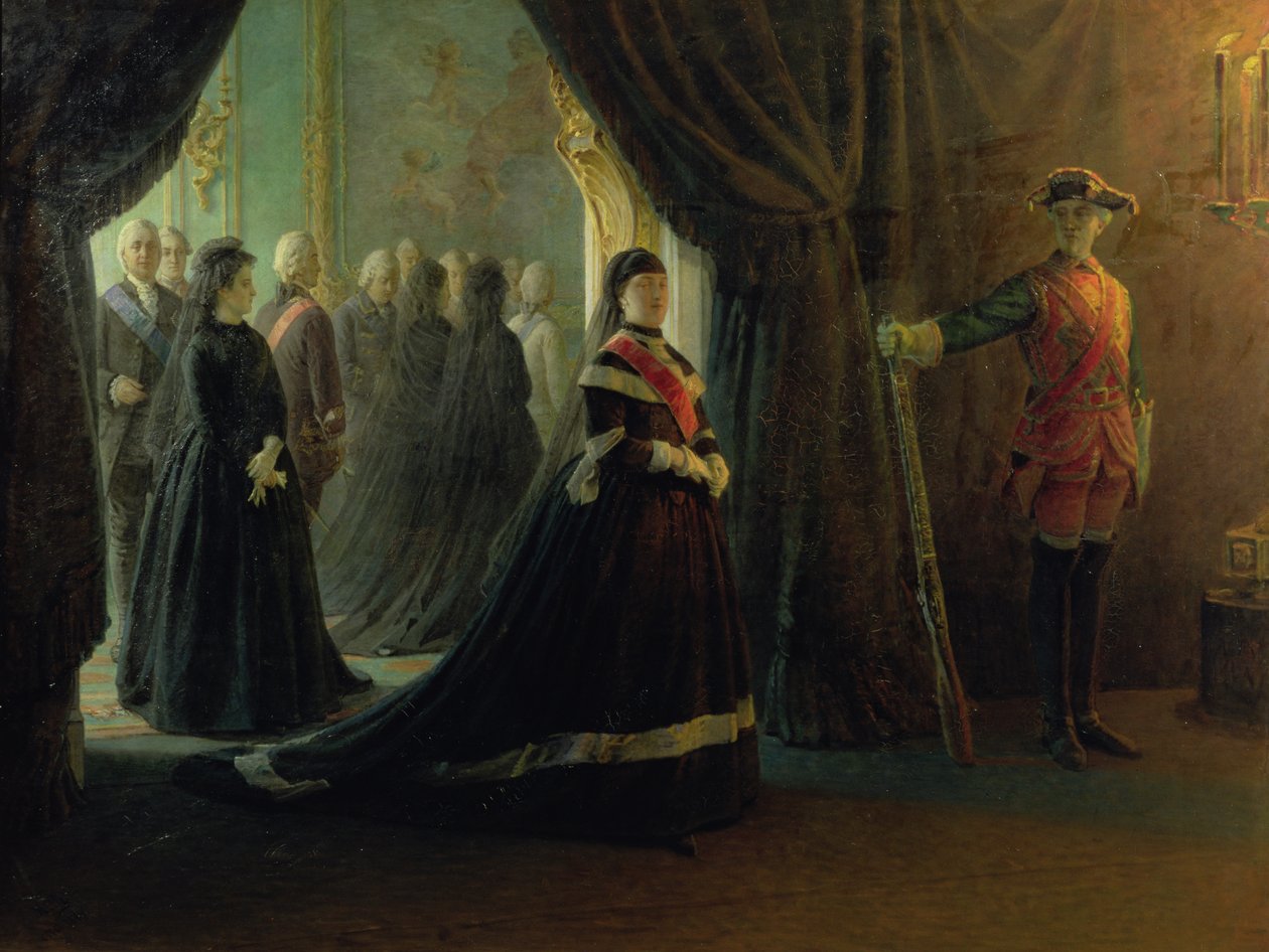 Katariina II (1729-96) keisarinna Elisabetin (1709-61) arkussa, 1874 tekijältä Nikolai Nikolajevitch Gay