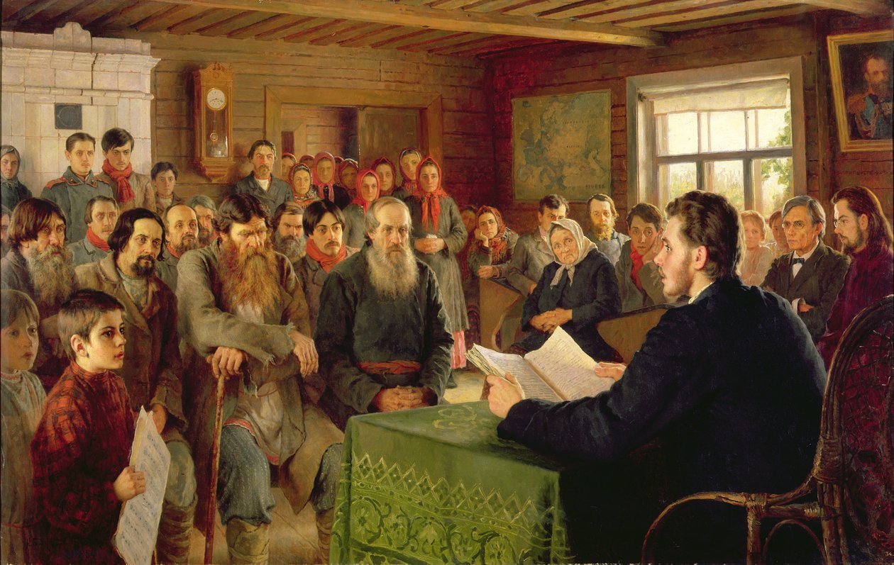 Sunnuntailukeminen maalaiskoulussa, 1895 tekijältä Nikolai Petrovich Bogdanov Belsky