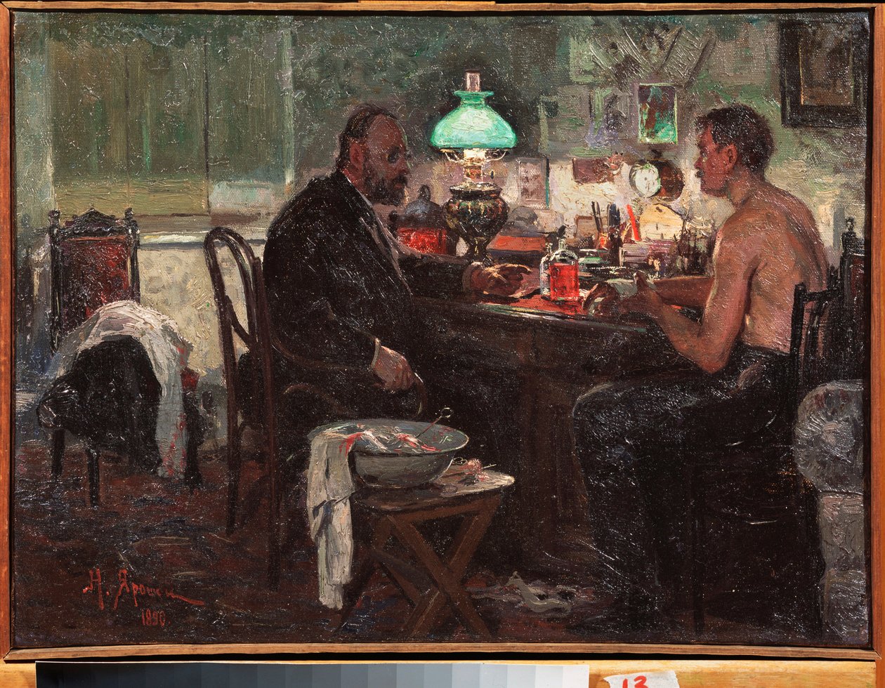 Chez le medecin (Lääkärin luona) - Nikolai Aleksandrovich Yaroshenkon (Jaroshenkon) (1846-1898) maalaus, öljy kankaalle, venäläistä taidetta tekijältä Nikolai Aleksandrovich Yaroshenko
