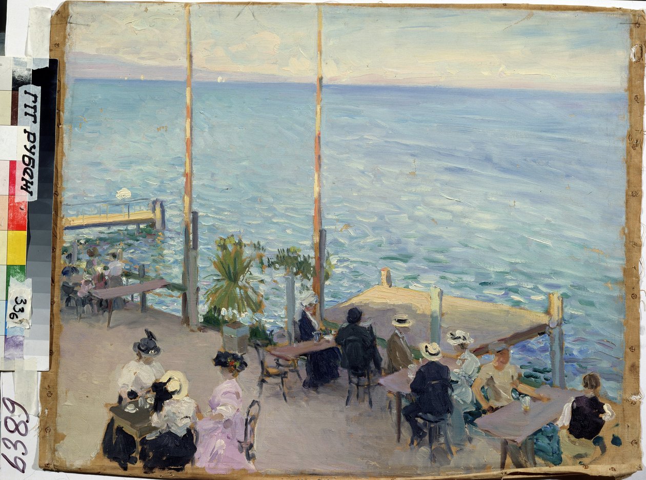 Genevejärvi, Geneve (Sveitsi), kahvila. (Genevejärvi. Kahvila). Taidemaalari Nikolai Aleksandrovich Klodt (1865-1918), öljy kankaalle tekijältä Nikolai Alexandrovich Klodt