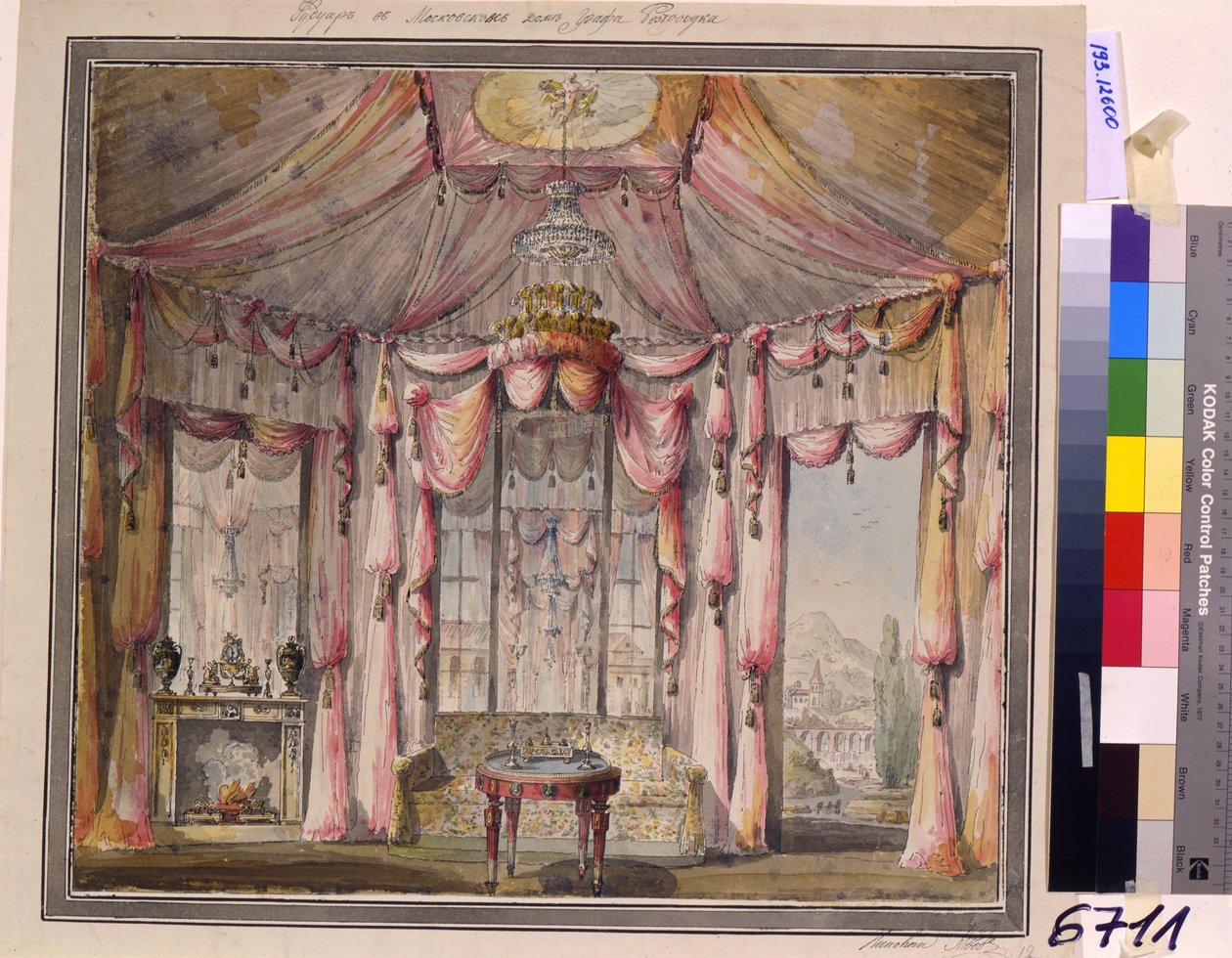Buduaarin sisustussuunnittelu kreivi Bezborodkon talossa Moskovassa, 1790-luku tekijältä Nikolai Alexandrovich Lvov
