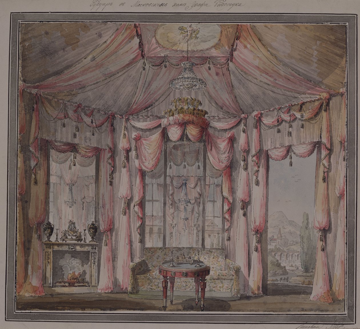 Buduaarin sisustussuunnittelu kreivi Bezborodkon talossa Moskovassa, 1790-luku tekijältä Nikolai Alexandrovich Lvov