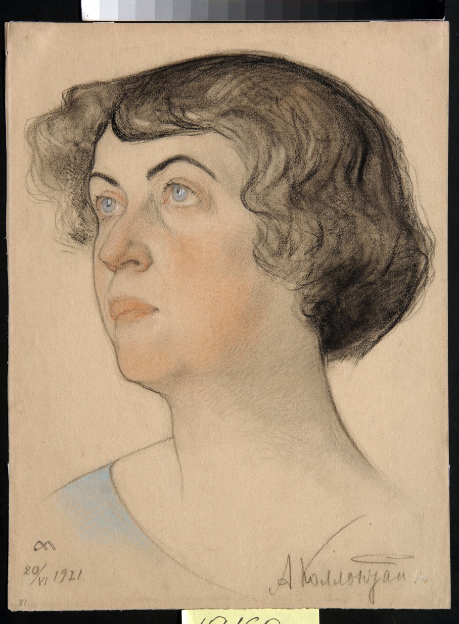 Muotokuva Aleksandra Mihailovna Kollontaista (1872-1952), Venäjän kommunisti- ja neuvostopoliitikko (Alexandra M. Kollontai) - Nikolai Andrejevitš Andreevin (1873-1932) piirros verta ja liitua paperille (32,2x24,3 cm) tekijältä Nikolai Andreevich Andreev