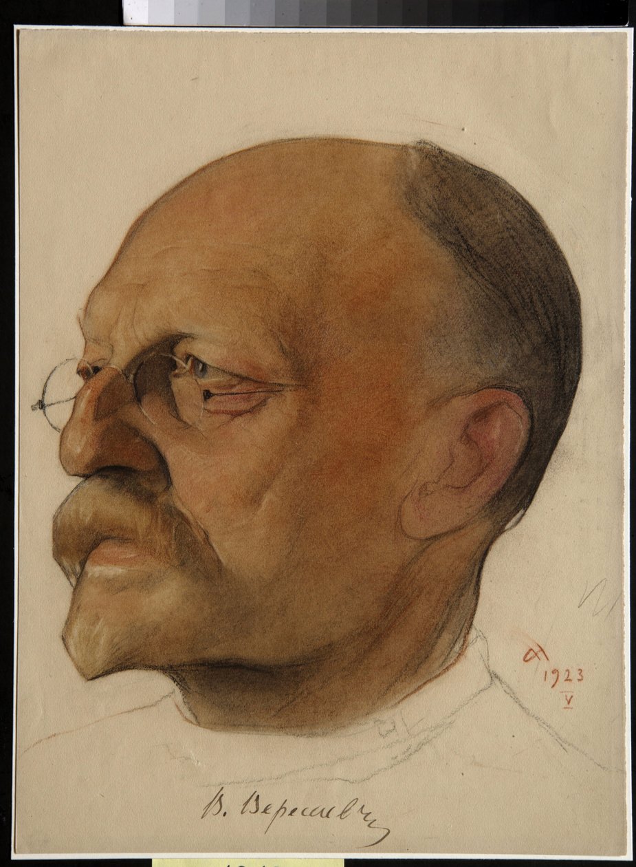 Muotokuva Vikenti Vikentjevitš Smidovitshista, kuten Vikenti Veressajev (1867-1945), venäläinen lääkäri ja kirjailija (Vikenty Vikentyevich Veresaev) - Piirustus Nikolai Andreevich Andreev (1873-1932) sangviini ja värikynät paperille (32,5x24 cm) tekijältä Nikolai Andreevich Andreev