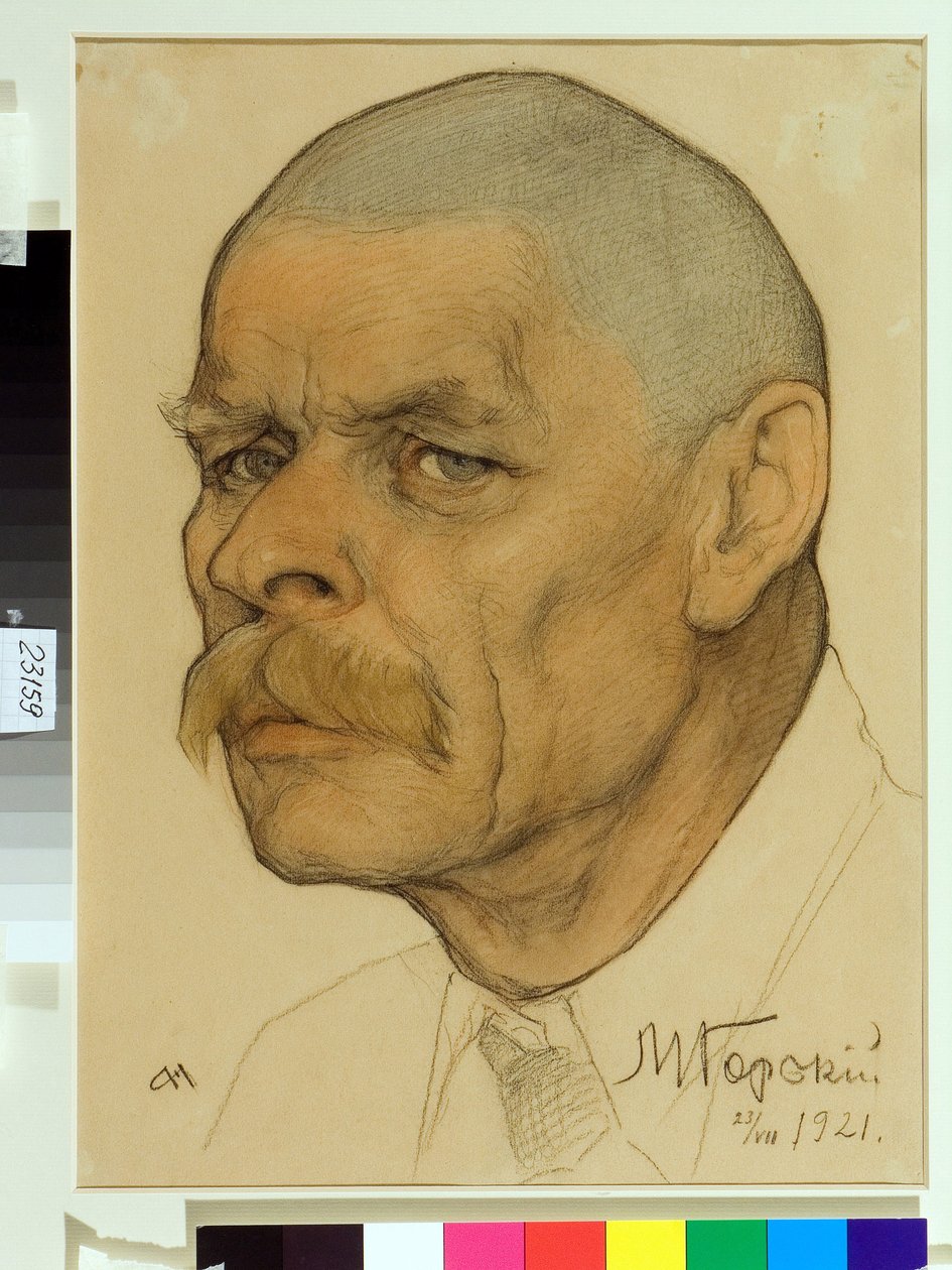 Venäläisen kirjailijan Maxime Gorkin (1868-1939) muotokuva - Nikolai Andrejevitš Andreevin (1873-1932) työ, veri ja liitu paperille (32,6x24,3 cm) tekijältä Nikolai Andreevich Andreev