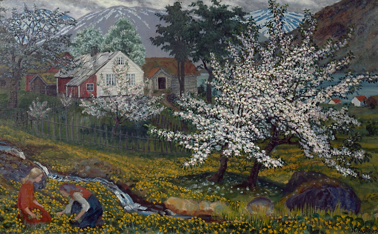 Kukkiva omenapuu, Strømsbon maatila, n. 1912 (öljy kankaalle) tekijältä Nikolai Astrup