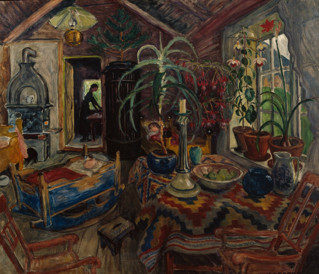 Sisustus kehdolla, n. 1925 (öljy kankaalle) tekijältä Nikolai Astrup