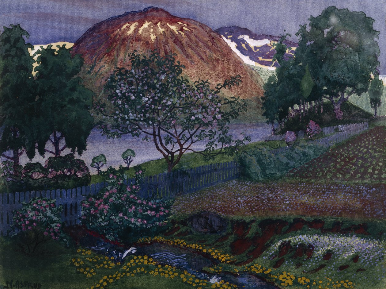 Nit de juliol al jardí (oli sobre tela)finlandès tekijältä Nikolai Astrup
