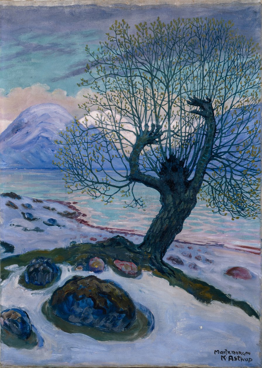 Maaliskuun aamu, kevätyö ja paju (öljy kankaalle) tekijältä Nikolai Astrup
