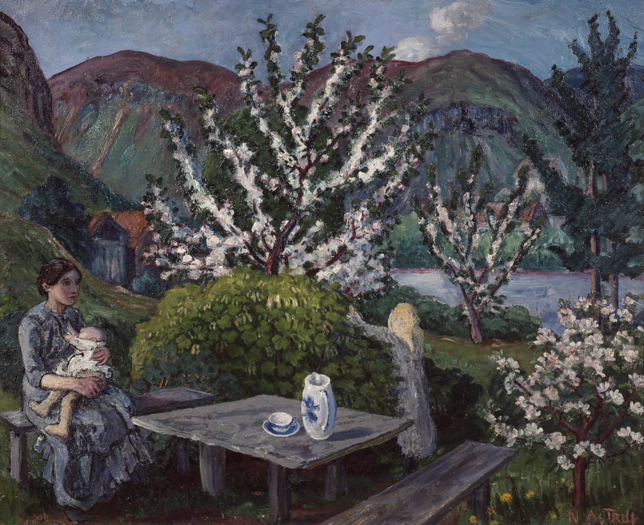 Äiti ja lapsi puutarhapöydän ääressä tekijältä Nikolai Astrup