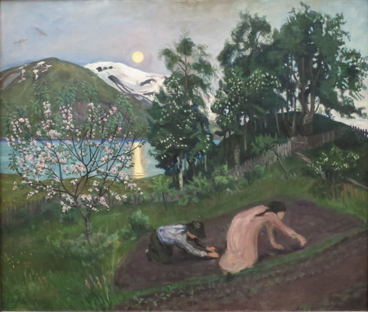 Norjalainen Bokmål:  Vårnatt i hagen Yö keväällä. tekijältä Nikolai Astrup