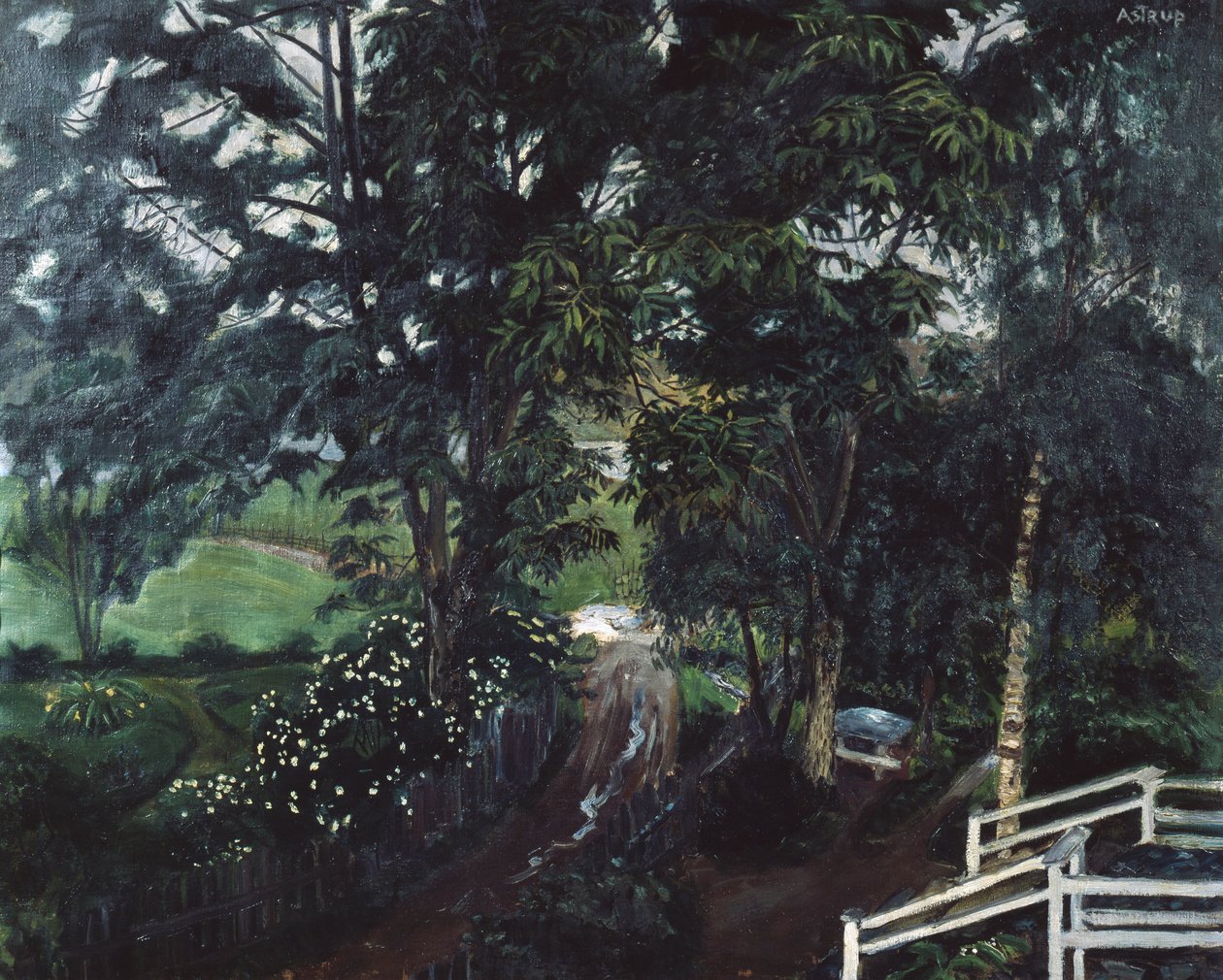 Sateinen ilmapiiri puiden alla Jolsterin pappilassa tekijältä Nikolai Astrup