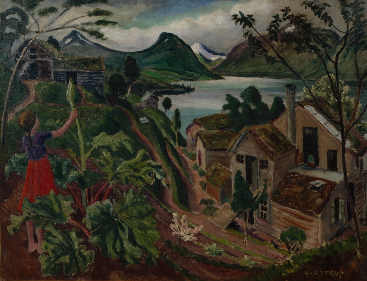 Raparperi ja nuori tyttö Sandalstrandissa (öljy kankaalle) tekijältä Nikolai Astrup