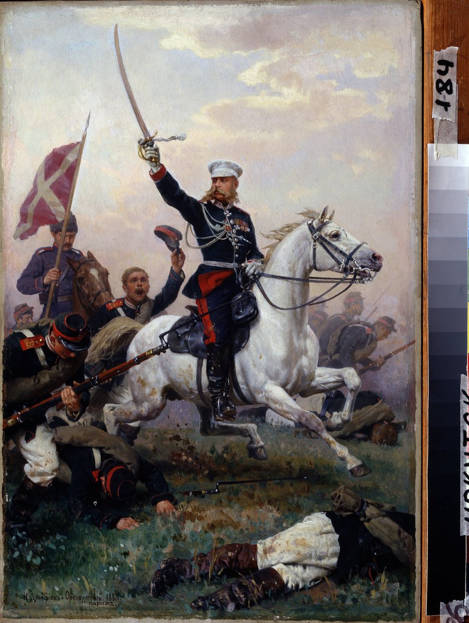 Guerre russo turque (russo-turque) (1877-1878): kenraali Mikhail F. Skobelev (1843-1882) cheval lors de la bataille du col de Shipka en 1877 (kenraali Mikhail F. Sobelek hevosen selässä) - Peinture de Nikolai Dmitrievich Dmitriev Orenbourgski (Dmitriev-Ore tekijältä Nikolai Dmitrievich Dmitriev Orenburgsky
