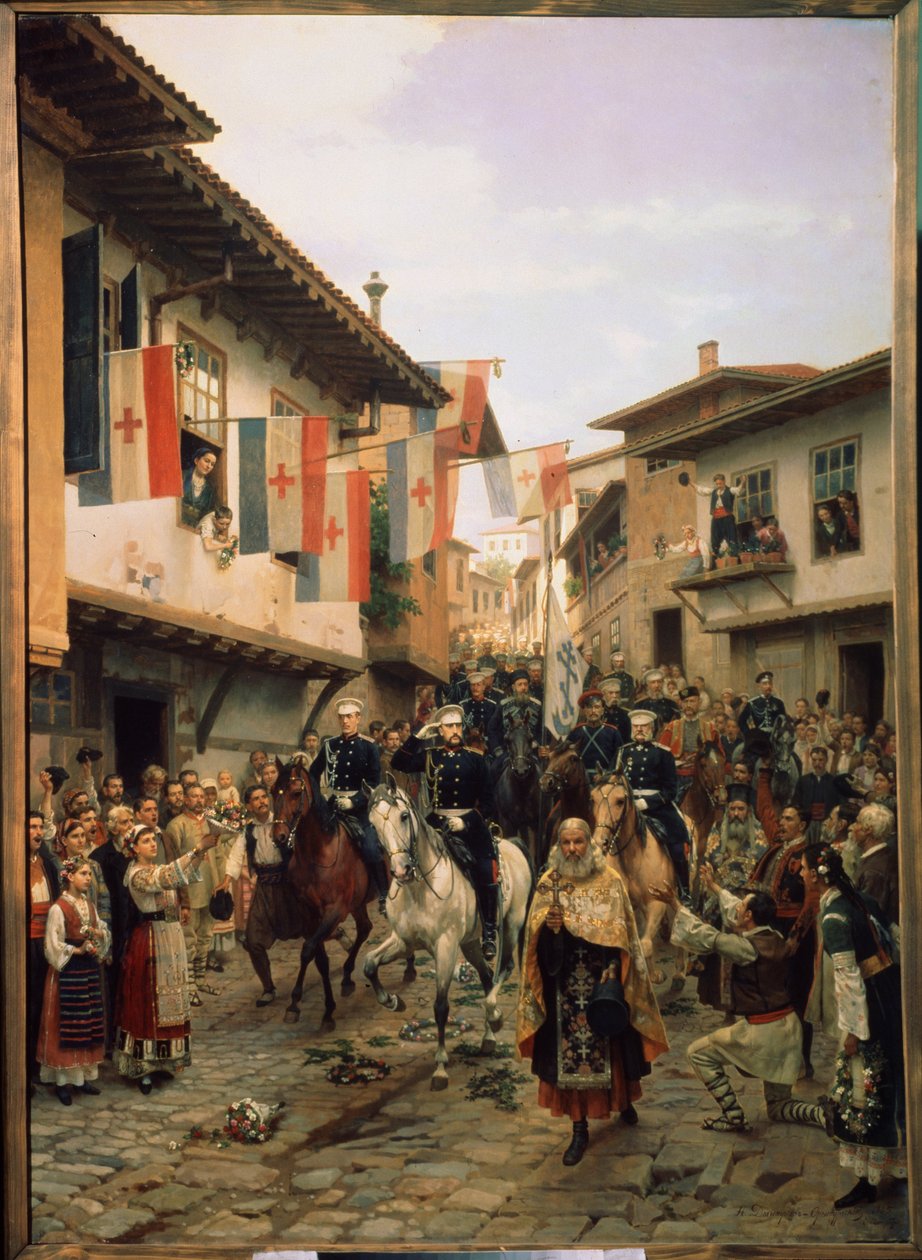 Venäjän-Turkin (Venäjä-Turkin) sota 1877-1878: "Venäjän suuriruhtinas Nikolai Nikolajevitš (1831-1891) Veliko Tarnovossa 6.3.1877 Bulgariassa" " Nikolai Dmitrievich Dmitriev Orenburgskyn maalaus (D tekijältä Nikolai Dmitrievich Dmitriev Orenburgsky