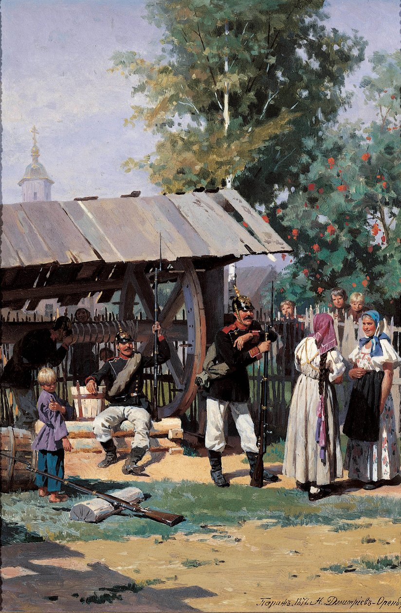 Venäläiset sotilaat maalaiskylässä, 1877 tekijältä Nikolai Dmitrievich Dmitriev Orenburgsky
