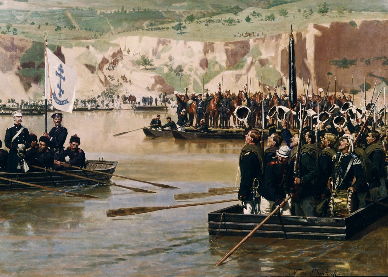 Venäläiset ylittivät Tonavan Svishtovissa kesäkuussa 1877, 1870-luvulla tekijältä Nikolai Dmitrievich Dmitriev Orenburgsky