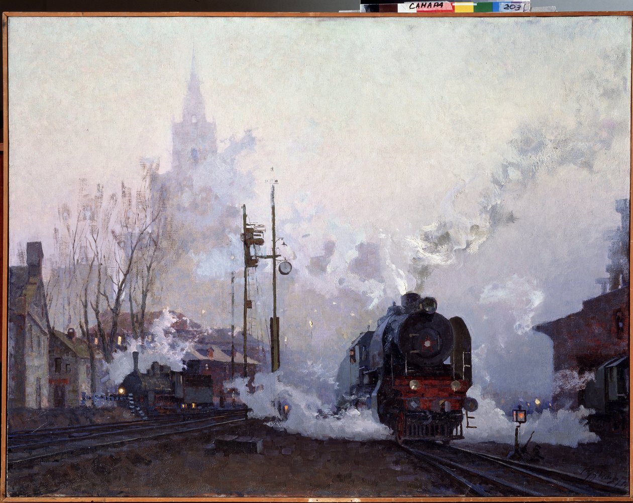 Tiellä (On the Way). Höyryveturit hukuttavat kaupunkimaiseman savupiipuistaan. Nikolai Dmitrijevitš Kuznetsovin (1923-1974) maalaus öljy kankaalle tekijältä Nikolai Dmitrievich Kuznetsov