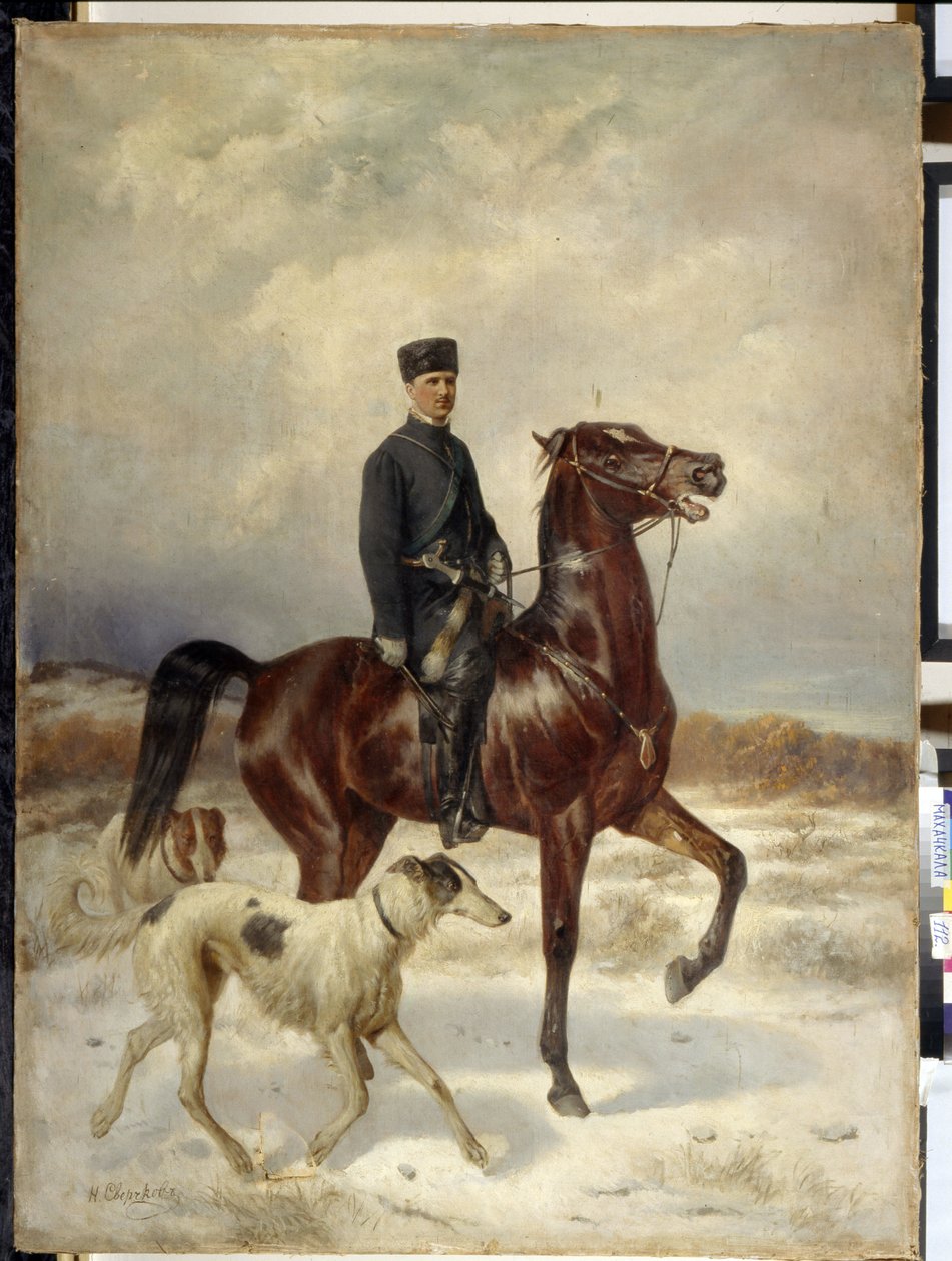 Metsästäjä (The Hunter). Hevosen selässä ja Barzoi-koirien (venäläinen vinttikoira) seurassa. Nikolai Jegorovich Sverchkov (Nicolas Swertschkoff) (1817-1898) maalaus, öljy kankaalle. venäläistä taidetta tekijältä Nikolai Egorevich Sverchkov