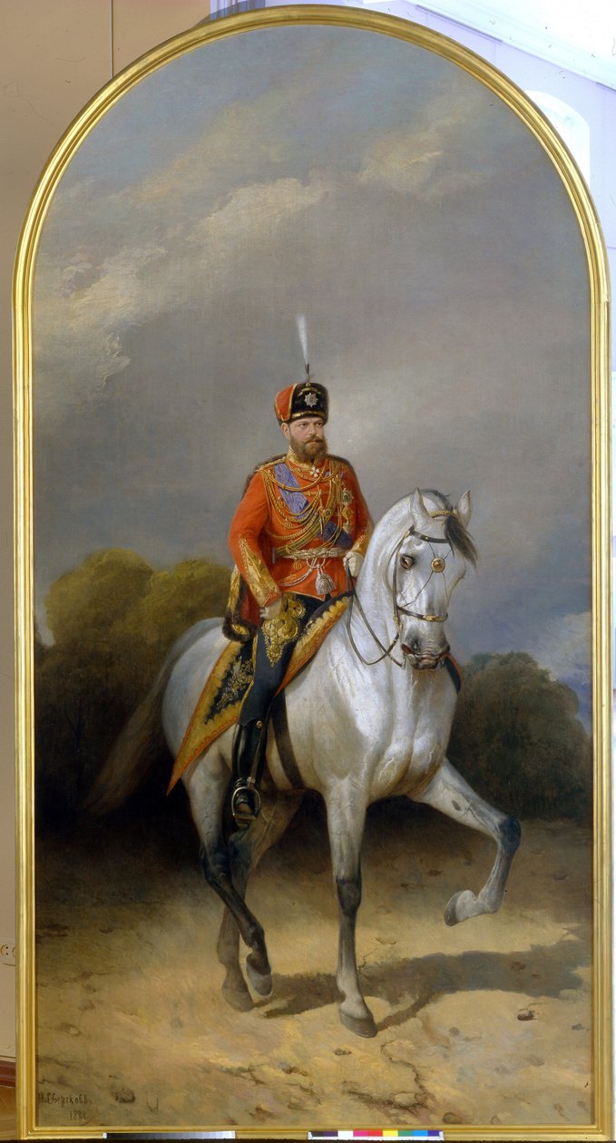 Keisari Aleksanteri III:n (1845-1894) muotokuva keisarillisen kaartin husaarirykmentin univormussa. (Keisari Aleksanteri III:n (1845-1894) muotokuva Leib-kaartin husaarirykmentin univormussa). Nikolai Jegorovich Sverchkovin maalaus tekijältä Nikolai Egorevich Sverchkov