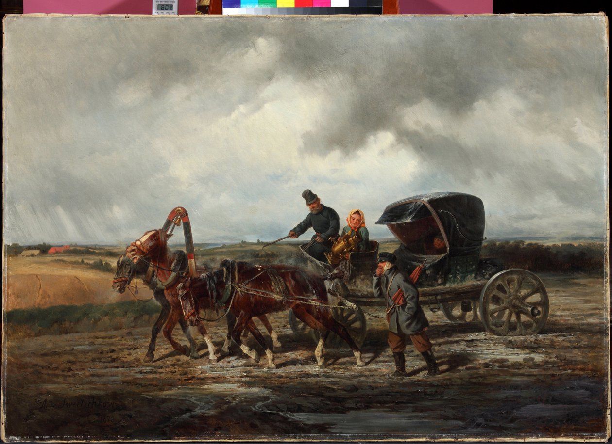 ""Tiellä hampaanvetäjälle"" (Hampaanvetäjän tiellä) Nikolai Sverchkovin (1817-1898) maalaus 1873 Yksityinen kokoelma tekijältä Nikolai Egorevich Sverchkov