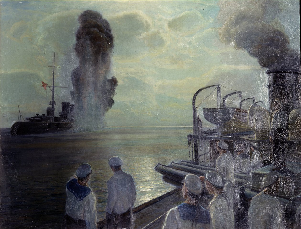 Venäjän vuoden 1917 vallankumous: Venäjän Mustanmeren laivasto upottaa omat aluksensa 18. kesäkuuta 1918. (Mustanmeren laivaston itse uppoaminen 18. kesäkuuta 1918). Nikolai Eviampievich Bublikovin (1871-1942) maalaus öljy kankaalle tekijältä Nikolai Evlampievich Bublikov