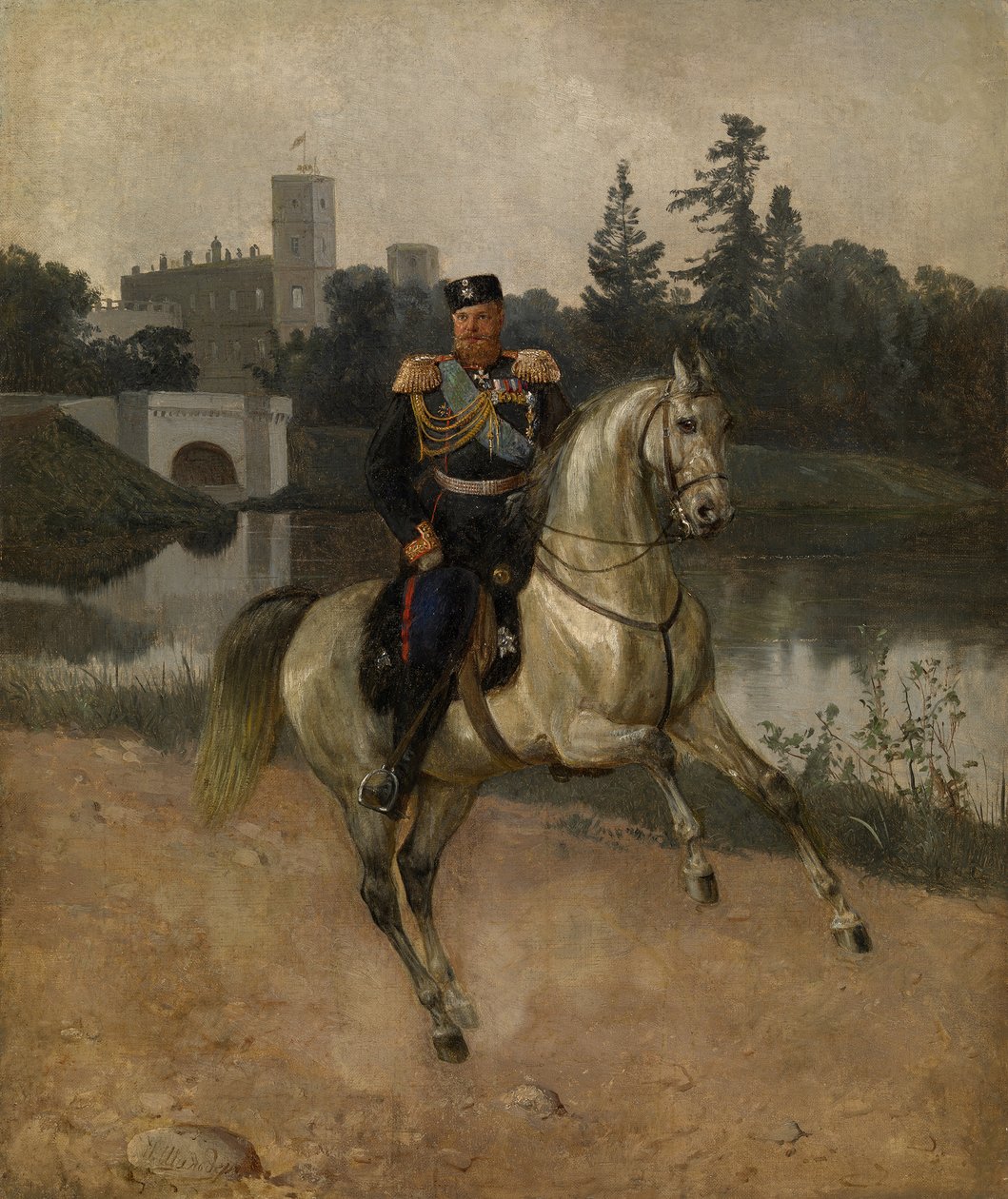 Keisari Aleksanteri III:n ratsastusmuotokuva 1845-1894 Gatchinassa tekijältä Nikolai Gustavovich Schilder