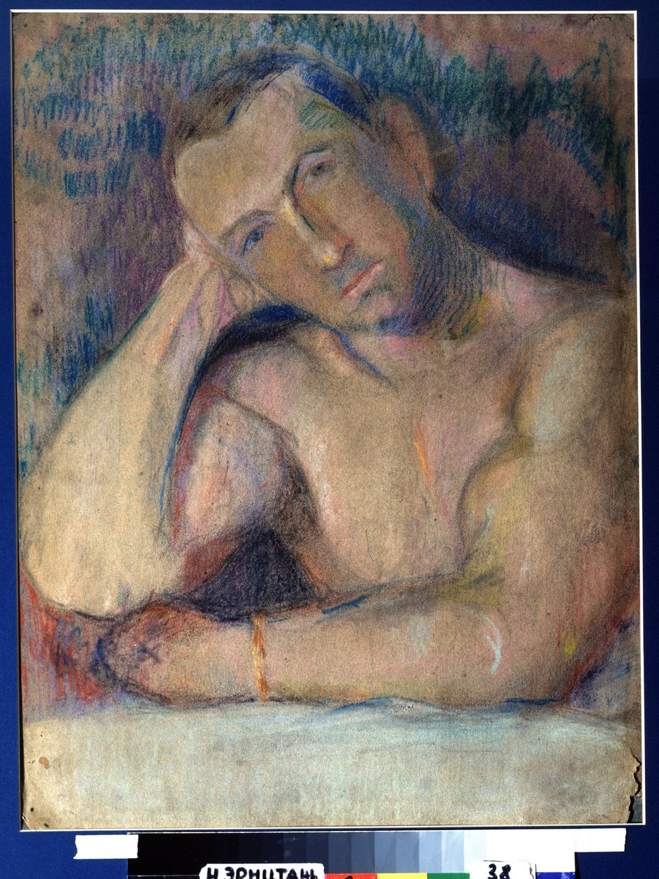Runoilijan muotokuva Benedikt Livchits (1886-1939) (runoilija Benedikt Livshitsin muotokuva) - Represente torse nu, la tete penchee, posee dans sa main - Oeuvre de Nikolai Ivanovich Kulbin (Nicolas Koulbine) (1868-1 paperilla 917) tekijältä Nikolai Ivanovich Kulbin