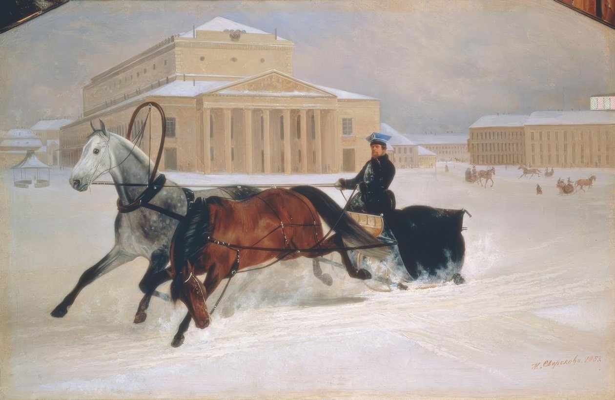 Hevosreki Moskovan Bolshoi-teatterin edessä tekijältä Nikolai Jegorowitsch Swertschkow