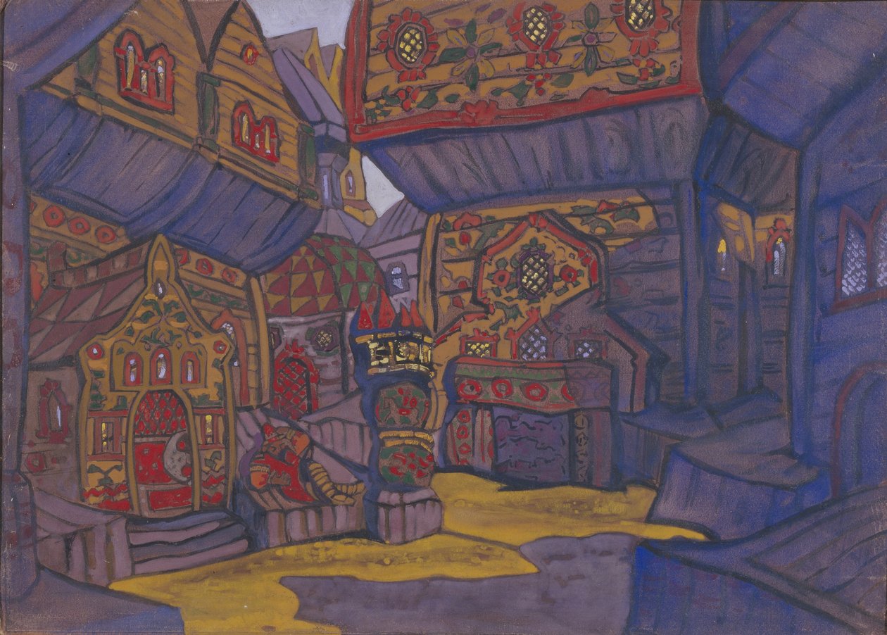 Prinssi Vladimir Galitskin tuomioistuin. Lavastus A. Borodinin oopperaan Prinssi Igor, 1914 tekijältä Nikolai Konstantinowitsch Roerich