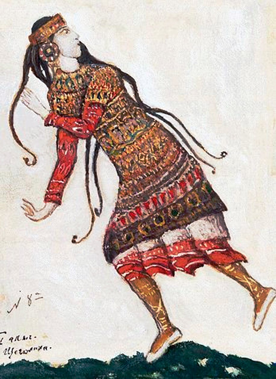 Erittäin muodikas nainen. Pukusuunnittelu I. Stravinskyn balettiin The Rite of Spring Le Sacre du Printemps, 1912 tekijältä Nikolai Konstantinowitsch Roerich