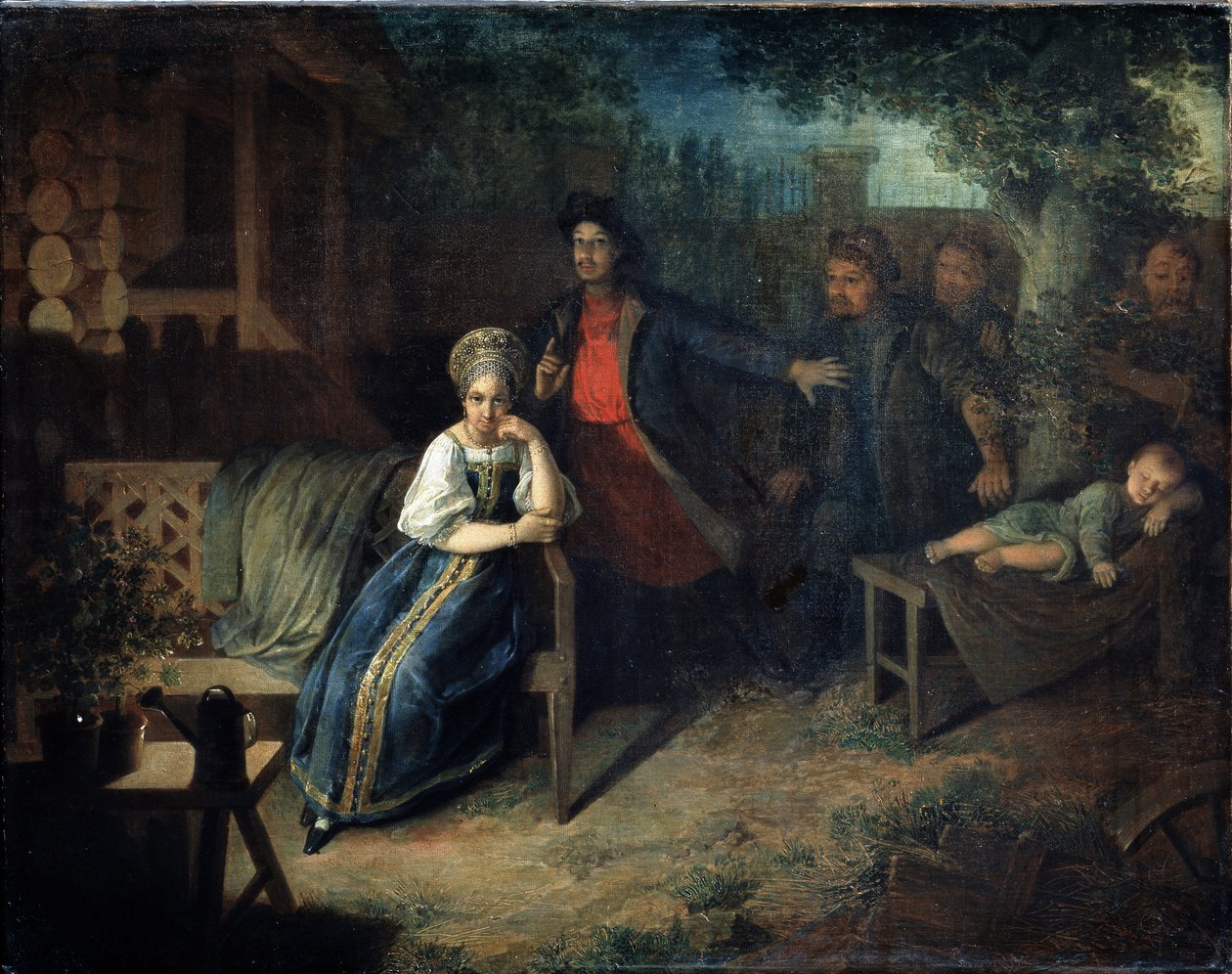 Ryöstäjä Jegor Bashlyk sieppaa kauppiaan vaimon Grunyan. Nikolai Mihailovitš Aleksejevin (1813-1880) maalaus. Öljy kankaalle, 77,7 x 99,2 cm tekijältä Nikolai Mikhailovich Alexeyev