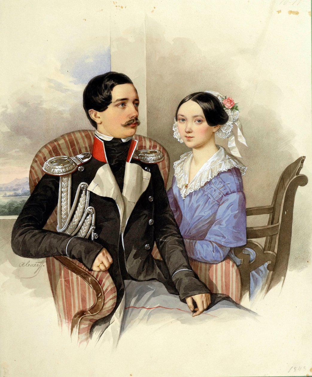 Muotokuva kreivi Jakov Karlovich Sieversistä (1818-1865) ja kreivitär Vera Mihailovnasta (1818-1865) - N M Aleksejevin (1800-1850) taide tekijältä Nikolai Mikhailovich Alexeyev