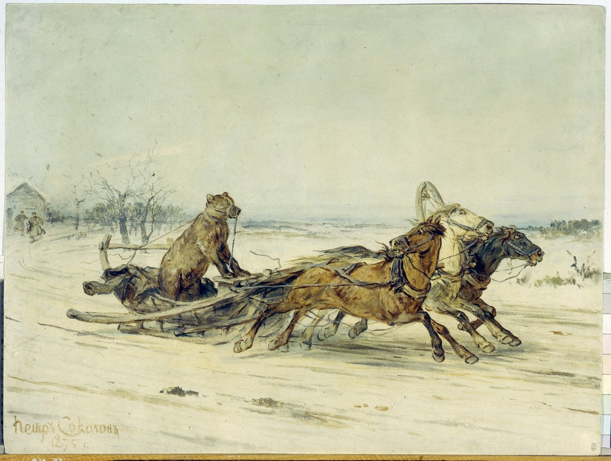 Kenraali Toptygin - Kuonokarhu, joka on asennettu kolmen hevosen vetämään rekiin (troika), Nikolai (Nikolai) Nekrassovin (1821-1877) tarinasta - Pjotr ​​(Piotr) Petrovitš Sokolovin (1821-1899) maalaus, öljy kankaalle tekijältä Nikolai Nekrassov