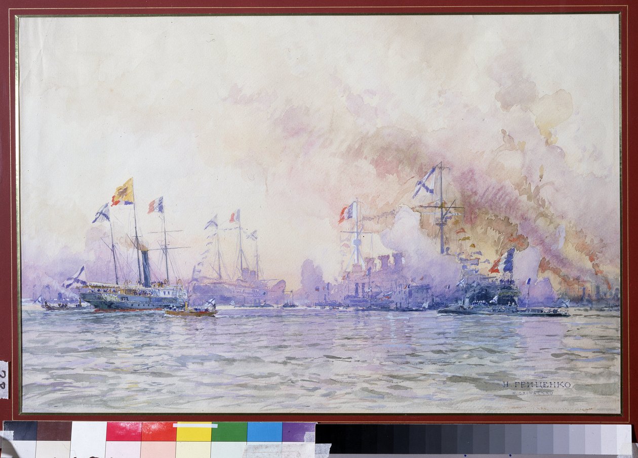 Ranskalaisen laivueen saapuminen Krondstadtiin vuonna 1893. Merimaisema, jossa realistinen kuvaus Ranskan merivoimista (sota-alukset, fregatit ja korvetit) Ranskan ja Venäjän liiton jälkeen tekijältä Nikolai Nikolaevich Gritsenko