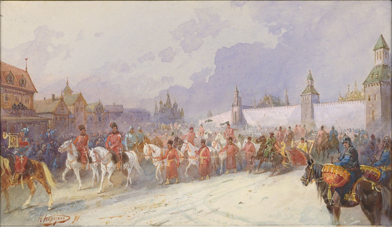 Vangitun Kuchum Khanin perheen saapuminen Moskovaan. 1599, 1891. tekijältä Nikolai Nikolayevich Karasin