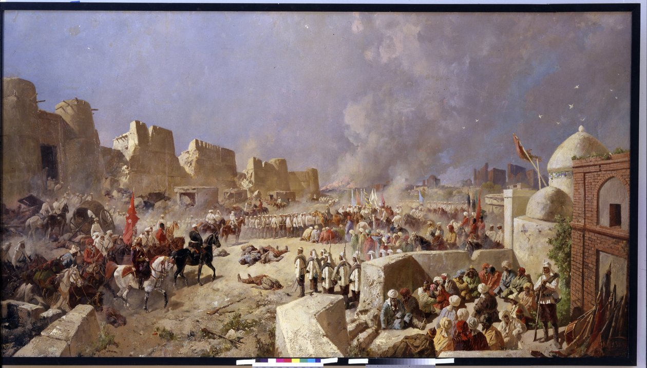 Venäjän armeija hyökkää Samarkandiin (Uzbekistan) (Venäjän armeija hyökkäsi Samarkandiin). Venäjän laajentumisaika Keski-Aasiaan, venäläiset valtaavat Samarkandin 1868. Nikolai Nikolajevitš Karasinin (1842-1908) maalaus, öljy kankaalle 1888. Taide tekijältä Nikolai Nikolayevich Karasin
