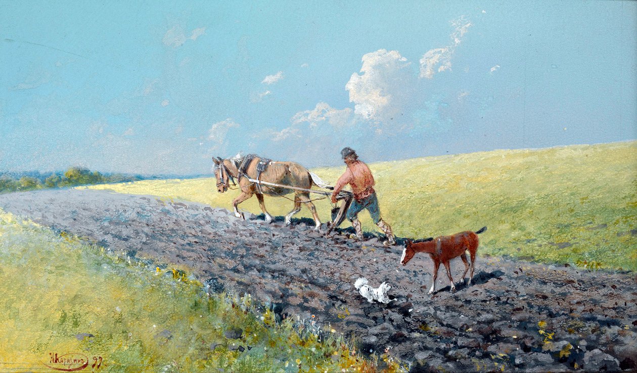 ""llaurant"" Camperol llaurant el seu camp, Rússia Pintura de Nikolai Nikolayevich Karasin (1842-1908) 1899 Dim 16,5x27,5 cm Col·lecció privadafinès tekijältä Nikolai Nikolayevich Karasin