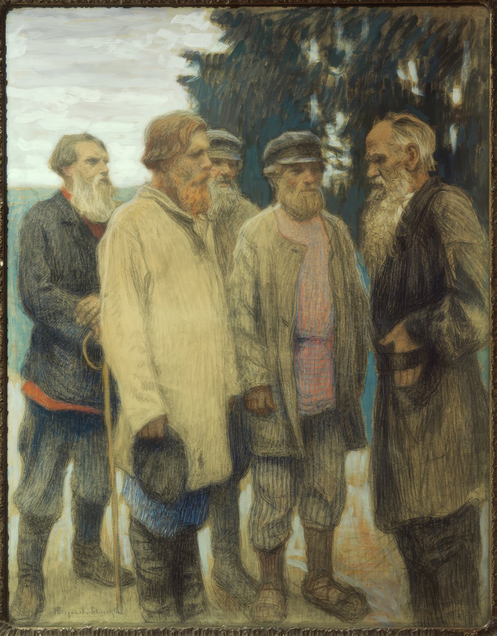 Leo Tolstoj maanviljelijöiden kanssa / Bogdanow-Bjelskin pastelli tekijältä Nikolai P. Bogdanow Bjelski