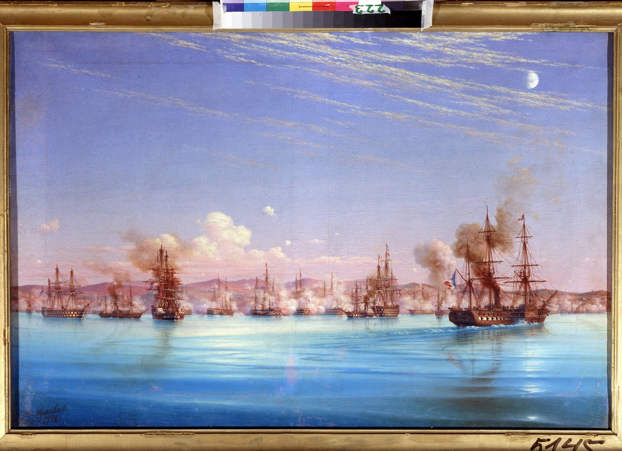 Ranskalais-brittiläisen laivueen Sebastopolin pommitukset vuonna 1854. (Sevastopolin pommitukset brittiläiseltä ranskalaislentueelta vuonna 1854). Episodi kaupungin piirityksestä 1854-1855, Krimin sodan aikana Ottomaanien valtakuntien liittouman välillä, f tekijältä Nikolai Pavlovich Krasovsky
