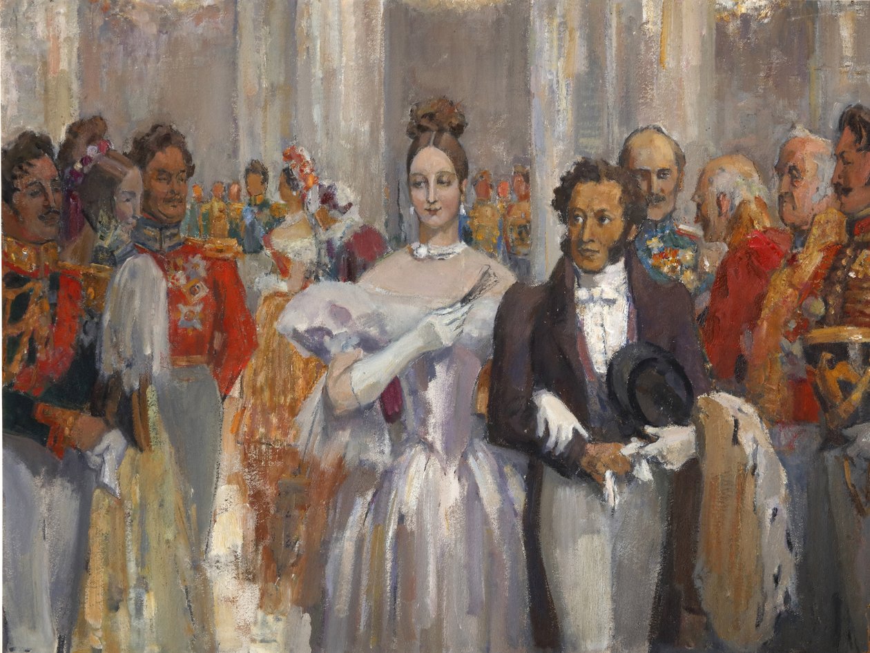 Aleksanteri Pushkin vaimonsa kanssa ballissa. tekijältä Nikolai Pavlovich Ulyanov