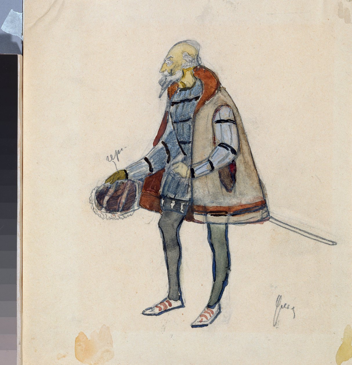 Valmisteluasu, Miserly Knight, Aleksanteri Pushkinin (1799-1837) teatterinäytelmään "The Avare Knight" (Pushkinin teatterinäytelmän "The Miserly Knight" pukusuunnittelu) - Nikolai Pavlovich Uljanovin (Uljanov) teos ( 1875-1949), cra tekijältä Nikolai Pavlovich Ulyanov