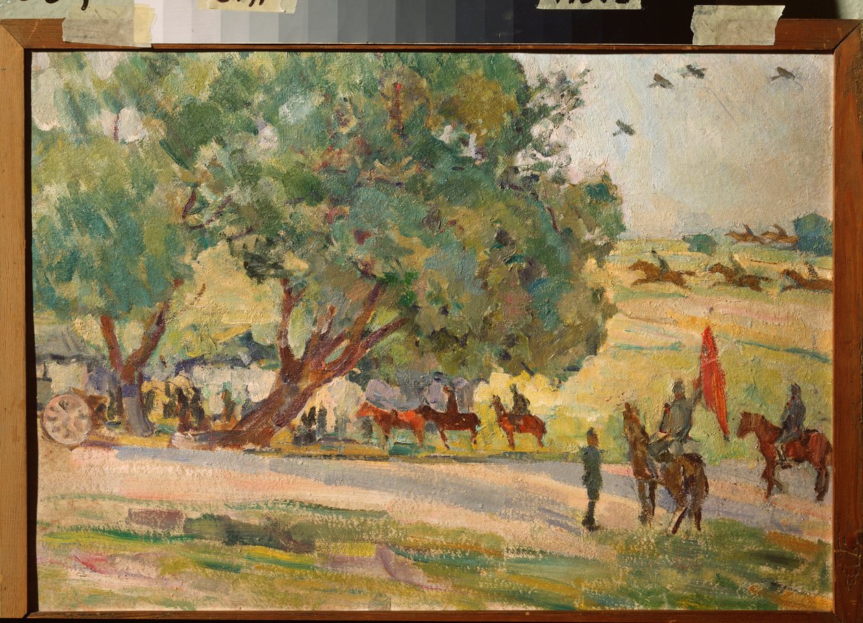 Sotilasharjoitukset Moskovan läheisyydessä (Manoeuvres lähellä Moskovaa) - Nikolai Pavlovich Uljanovin (Ulianov) (1875-1949) työ, öljy pahville tekijältä Nikolai Pavlovich Ulyanov